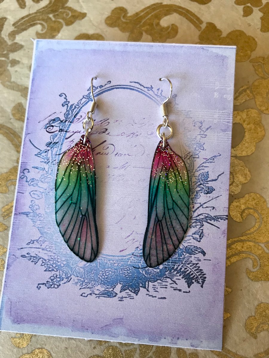 Sparkling Pink and Green Glitter Sterling Silver Fairy Wing Earrings