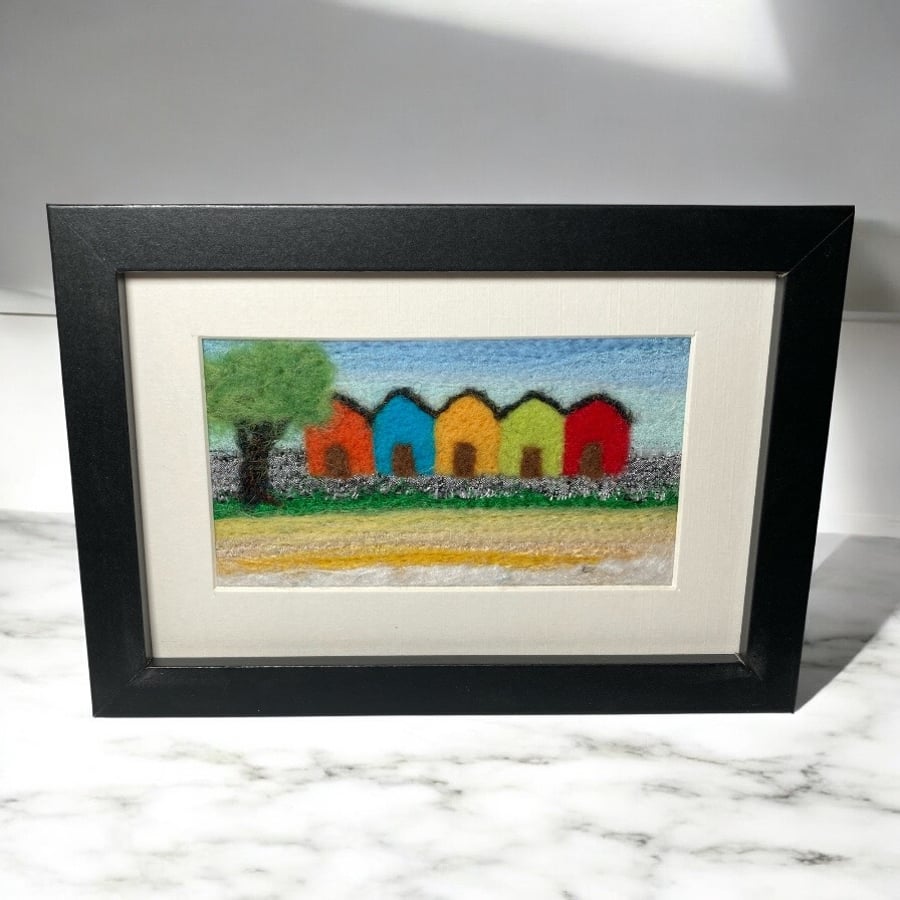 Textile art, Beach Huts, needle felt silk and wool picture, 6 x 4 