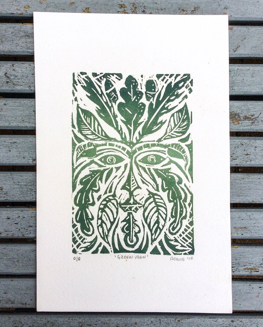 Green Man Lino Print