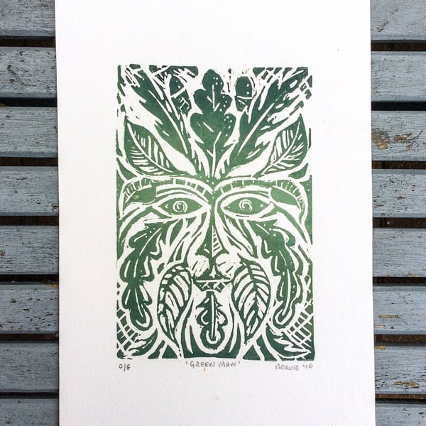Green Man Lino Print