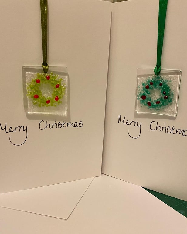 Handmade fused glass keepsake Christmas card with a tree or a wreath