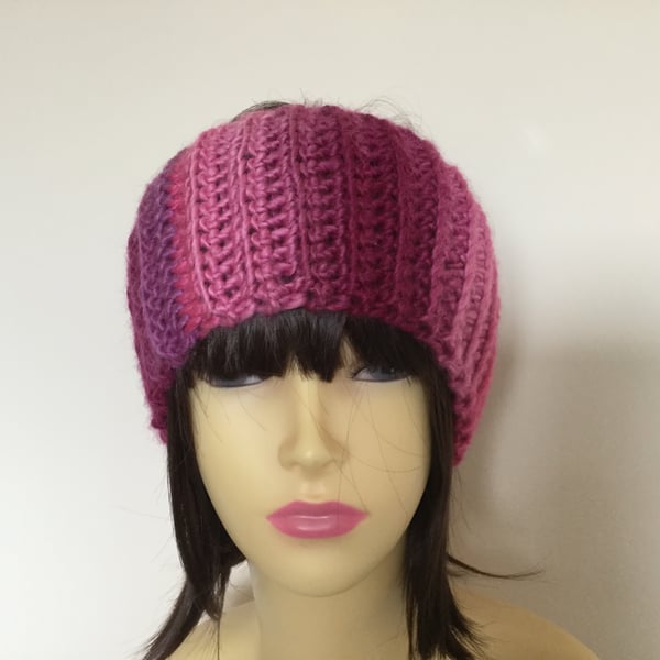 Crochet Headband Ear Warmer in Cerise Purple and Burgundy