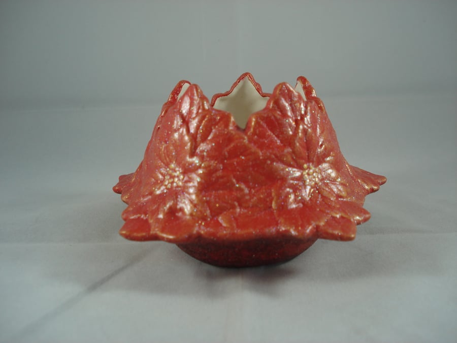 Red Glittery Ceramic Xmas Christmas Poinsettia Flower Tea Light Candle Holder.