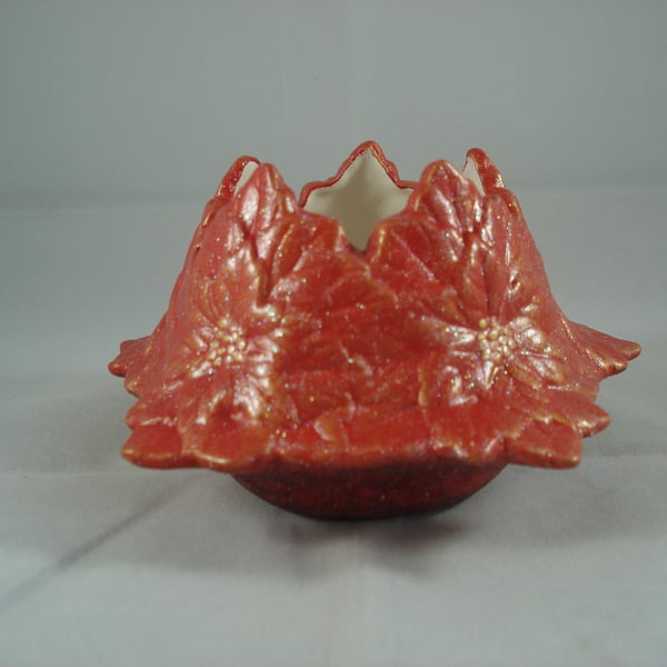 Red Glittery Ceramic Xmas Christmas Poinsettia Flower Tea Light Candle Holder.