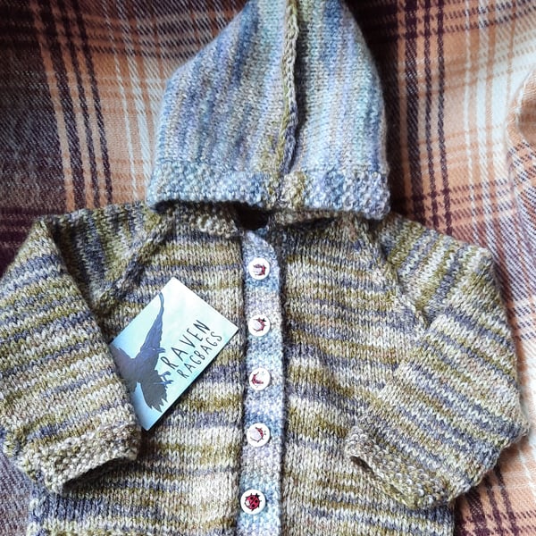 Spring green hand knitted  hooded baby jacket with ladybird buttons 