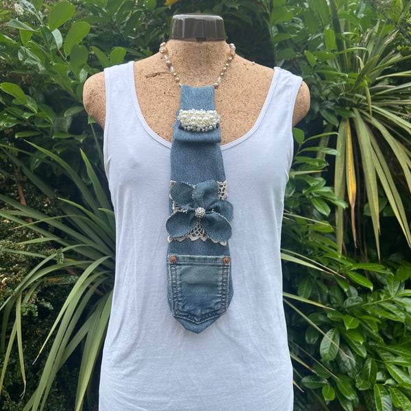 Denim embellished tie - Upcycled - Fashion accessory 