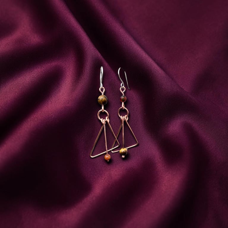 Handcrafted Copper Mismatch Earrings - Tiger's Eye & African Stone