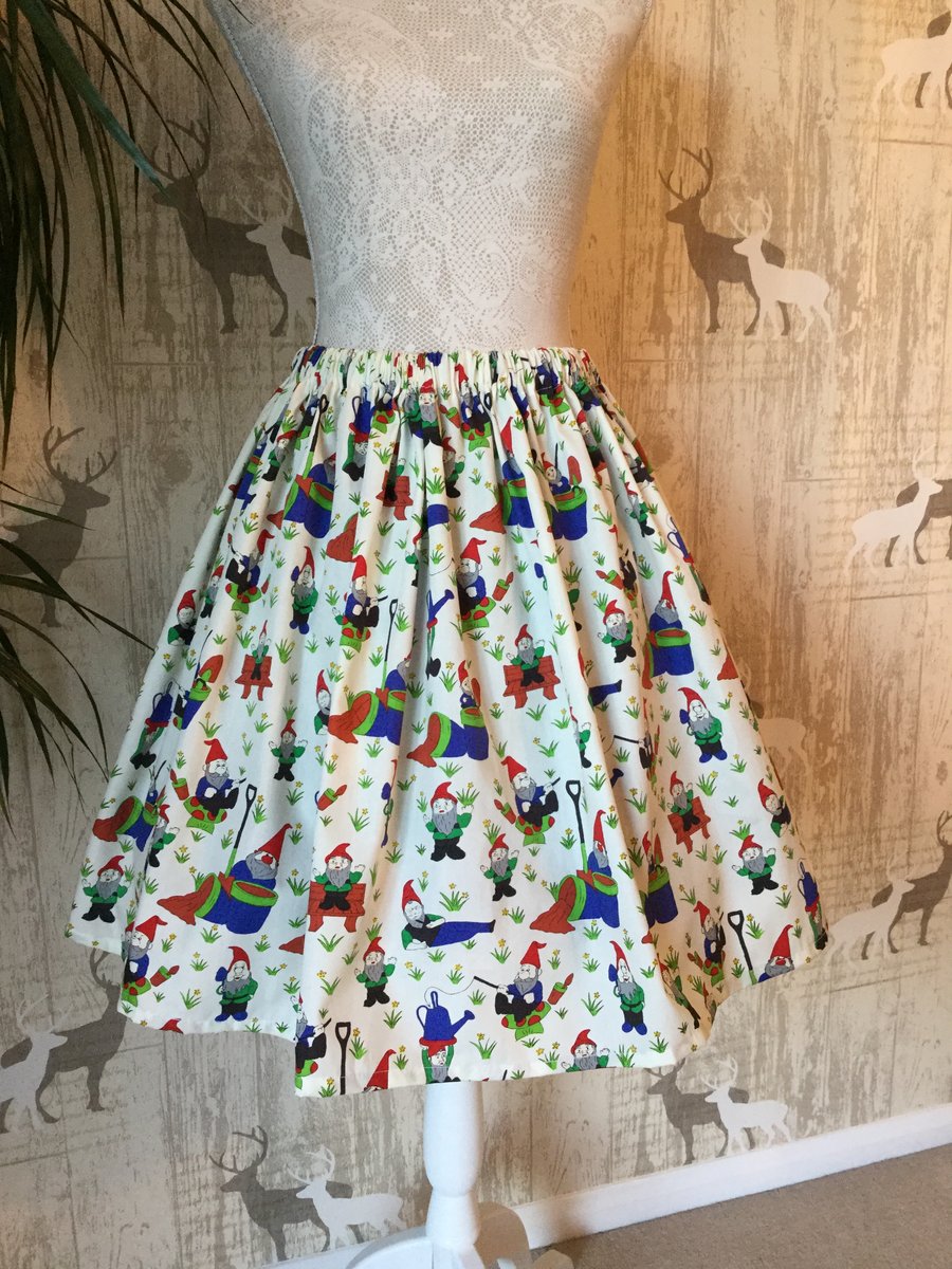 Retro 50's Cool Cheeky Garden Gnomes Rockabilly Full Flared Skirt Size 14 16