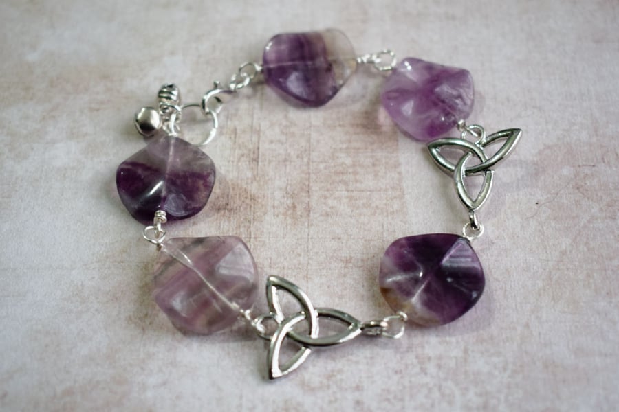 Fluorite and Triquetra Bracelet, Tactile Bracelet with Crystals and Celtic Knots