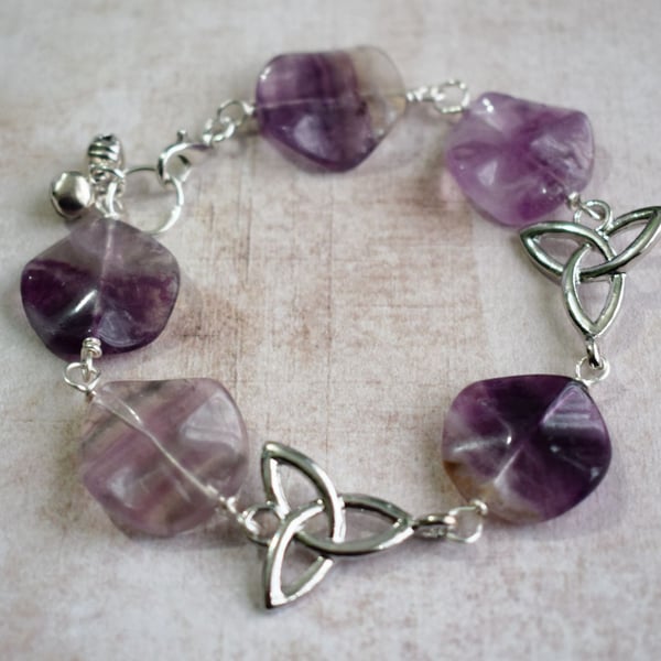 Fluorite and Triquetra Bracelet, Tactile Bracelet with Crystals and Celtic Knots