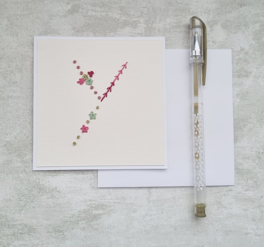 Letter Y embroidered card, hand stitched initial card, hand sewn keepsake card
