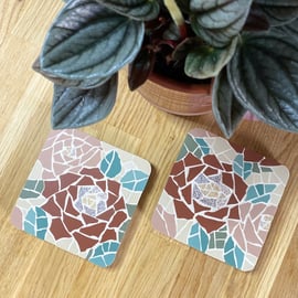 Two Mosaic Coasters: Roses in brick red and dusky pink palette 