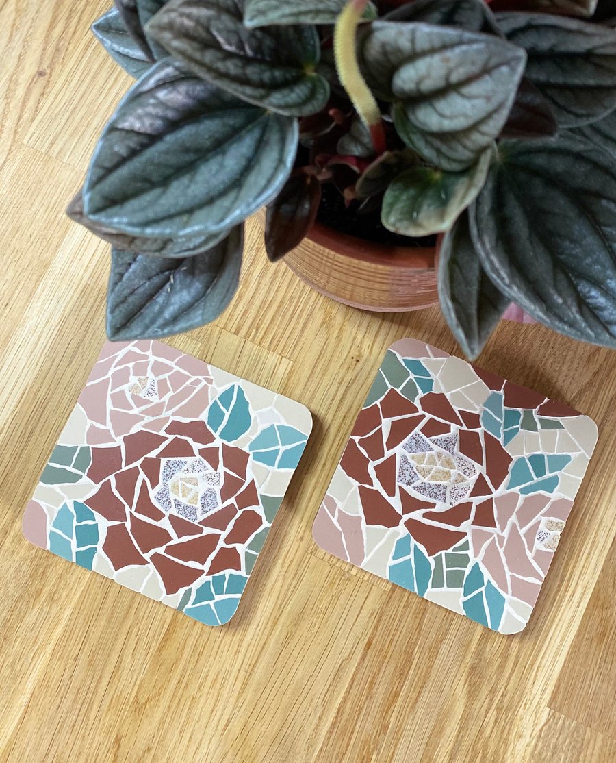 Two Mosaic Coasters: Roses in brick red and dusky pink palette 