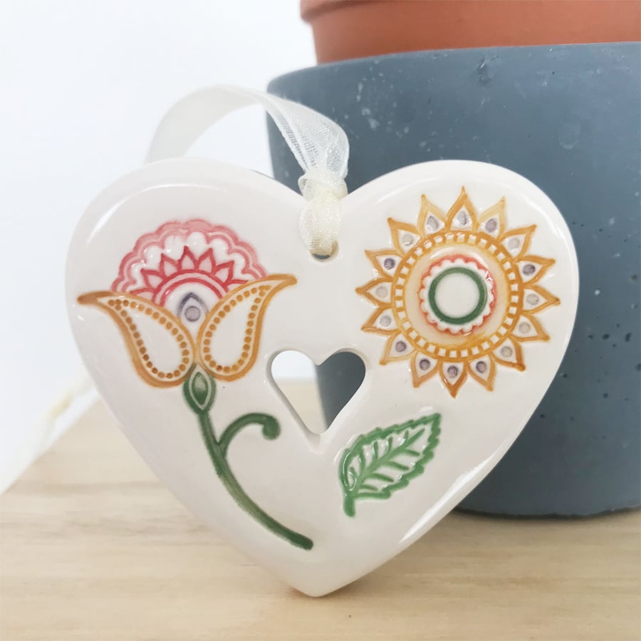 Small Ceramic heart with leaf and flower pattern