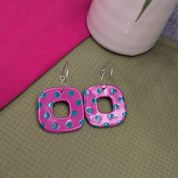 Dotty Teal on Magenta Square Dangle Earrings – Reversible Polymer Clay Hoops