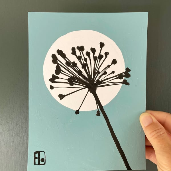Botanical art, Garden Allium, seed head, shadow painting, handmade art, signed