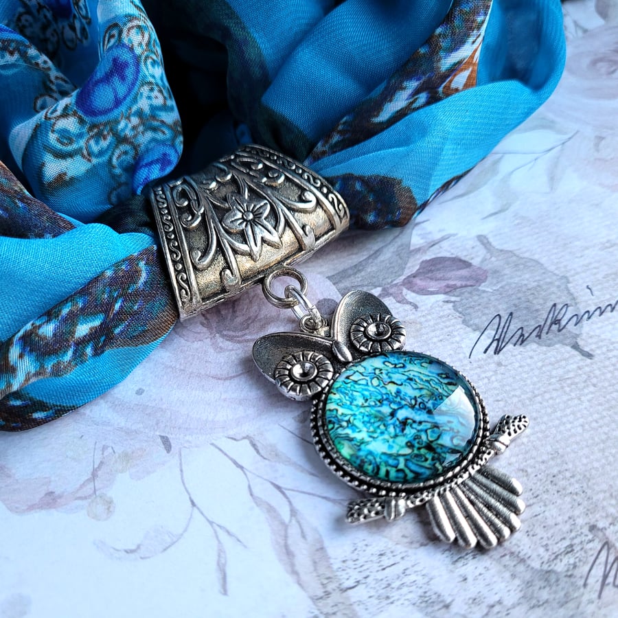 Owl Scarf Pendant, Scarf Jewelry, Silvertone Metal, Abstract Glass Cabochon