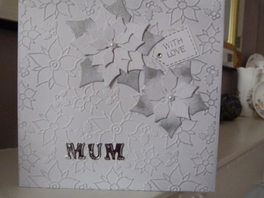 White Poinsettia Personalised Name Christmas Card for Mum