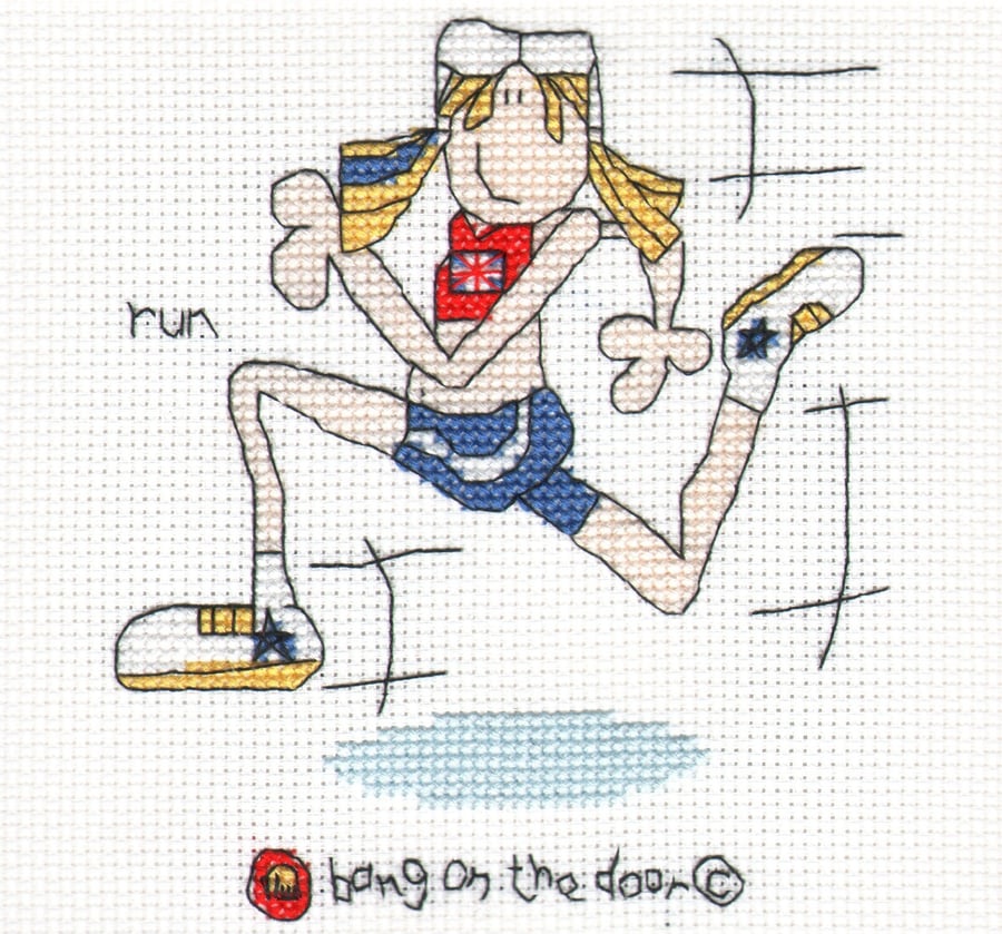 Bang on the door - mini gymnast running cross stitch kit