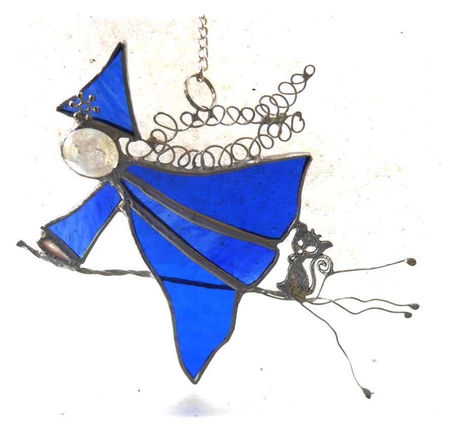 SOLD Blue Witch on Broomstick Suncatcher Stained Glass 