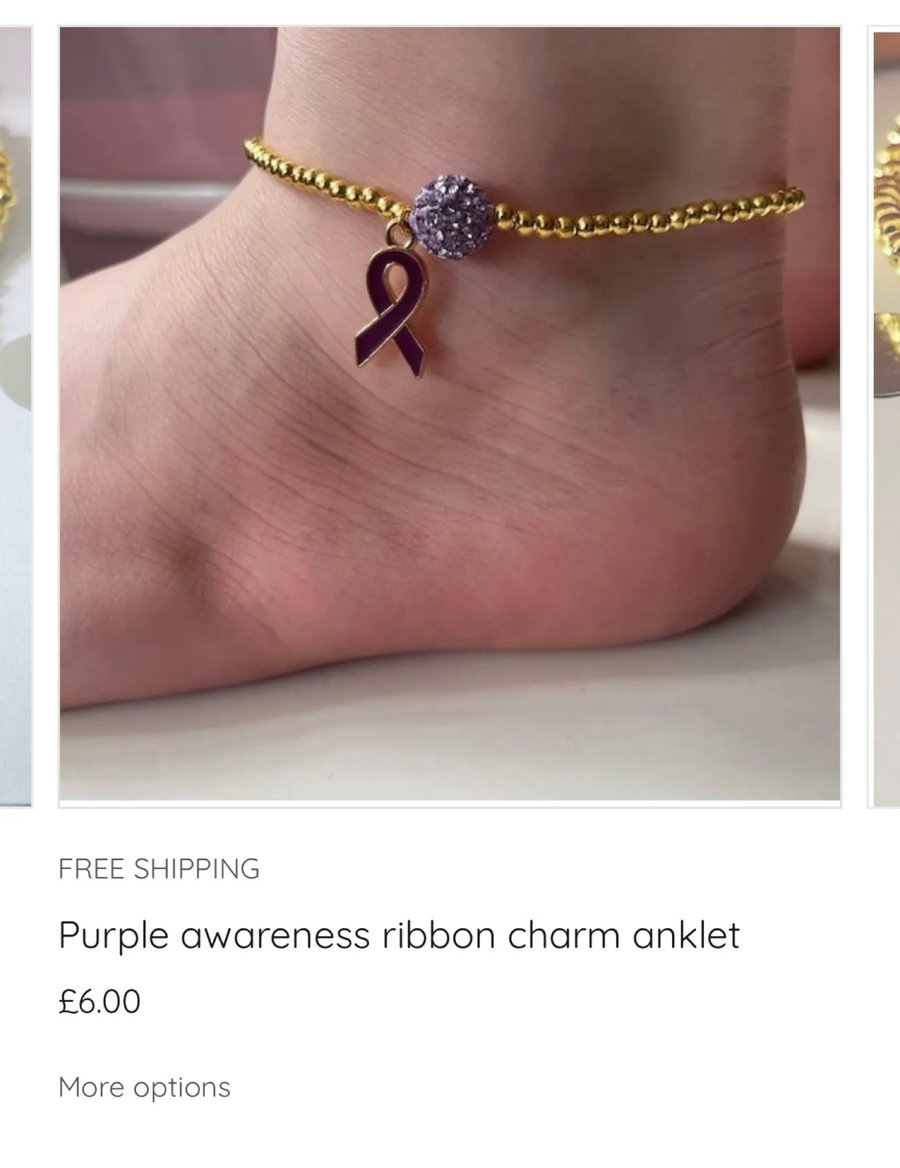 Purple awareness ribbon charm anklet goldtone adults kids ladies sizes
