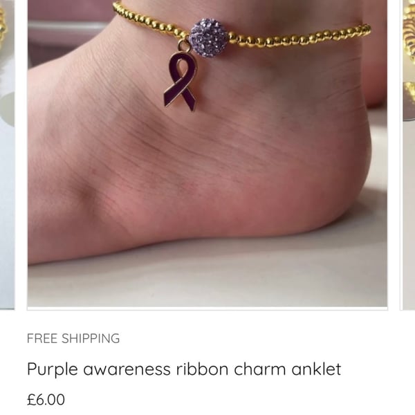 Purple awareness ribbon charm anklet goldtone adults kids ladies sizes