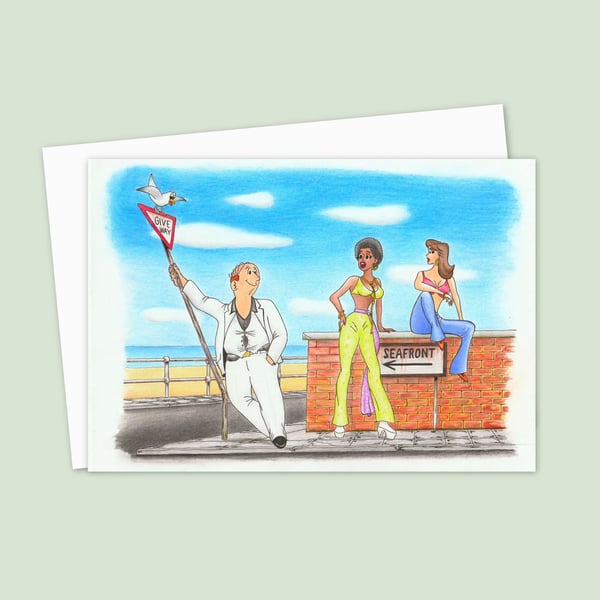 Seaside Postcard Greeting Card: Pencil Illustration with a Seventies Vibe (803)