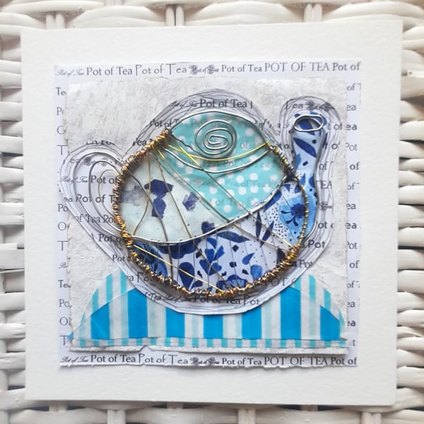 A Wire Blue & White Pot of Tea. An original handmade mixed media artwork.