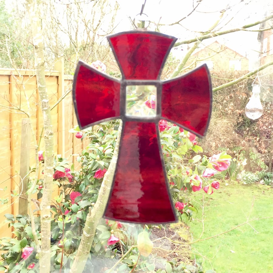 Stained Glass Cross Suncatcher - Handmade Hanging Decoration Red