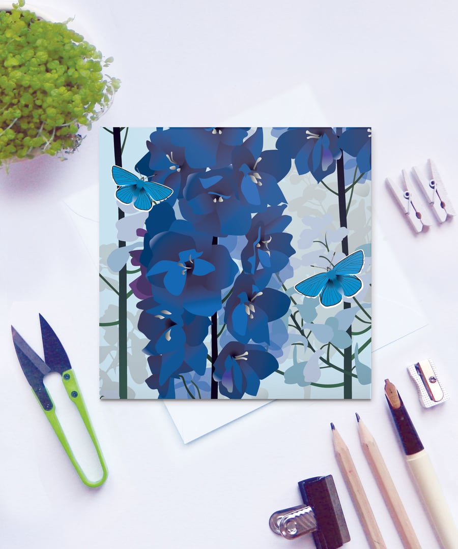 Delphiniums and Butterfly Card - birthday, floral, summer, Blue Adonis butterfly