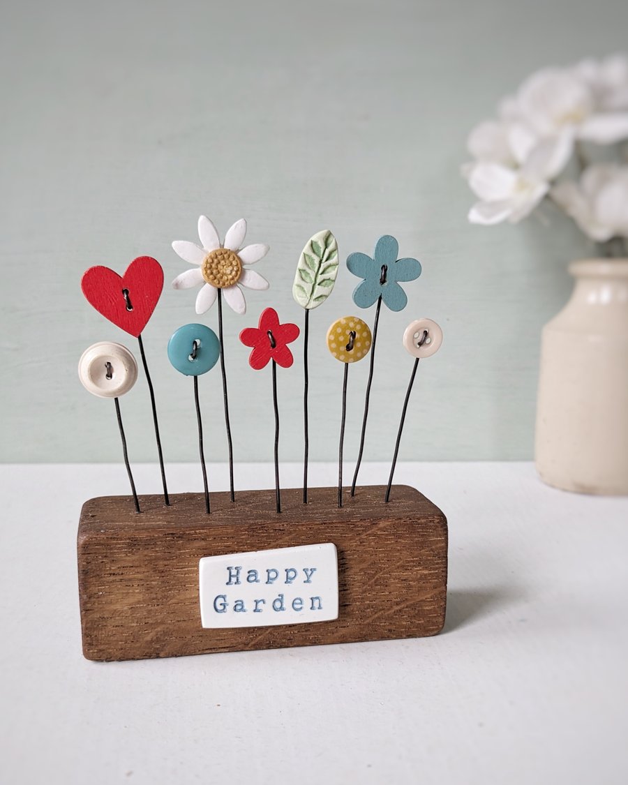 Clay and Button Flower Garden in a Wood Block 'Happy Garden'