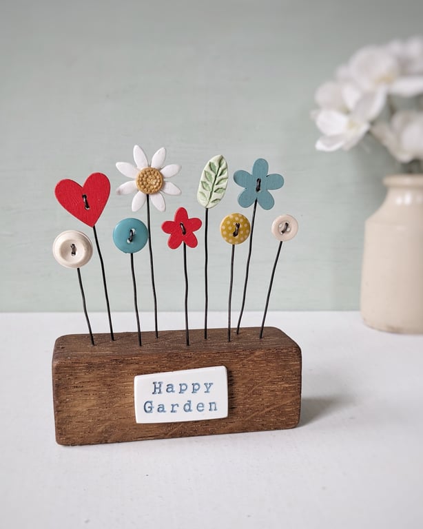 Clay and Button Flower Garden in a Wood Block 'Happy Garden'