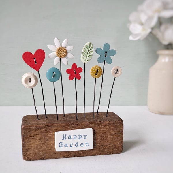 Clay and Button Flower Garden in a Wood Block 'Happy Garden'