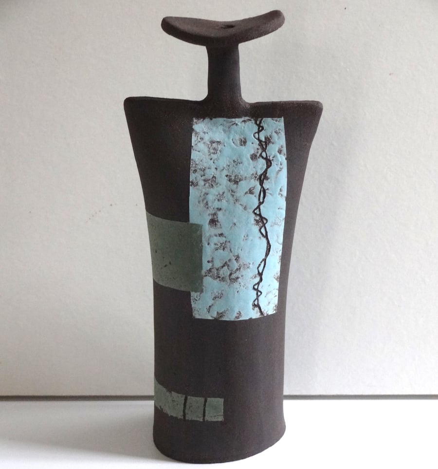 Black ceramic abstract art sculptural form, blue, olive green with sgraffito.