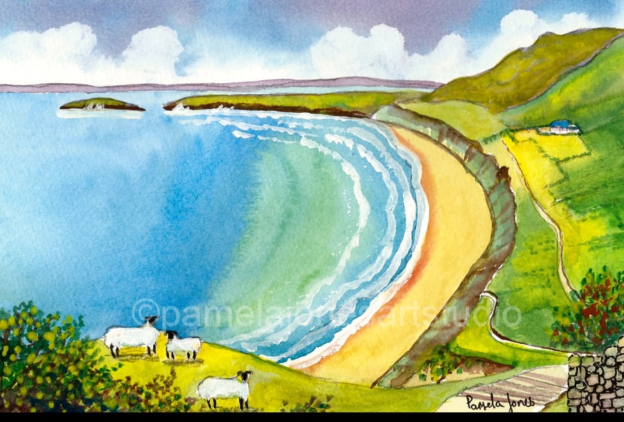  Rhossili Bay, Sheep, Gower, Original watercolour, in 14 x 11'' mount