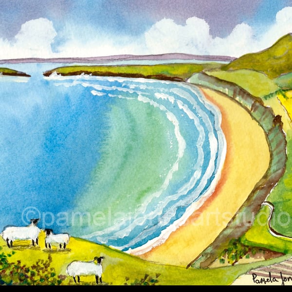  Rhossili Bay, Sheep, Gower, Original watercolour, in 14 x 11'' mount