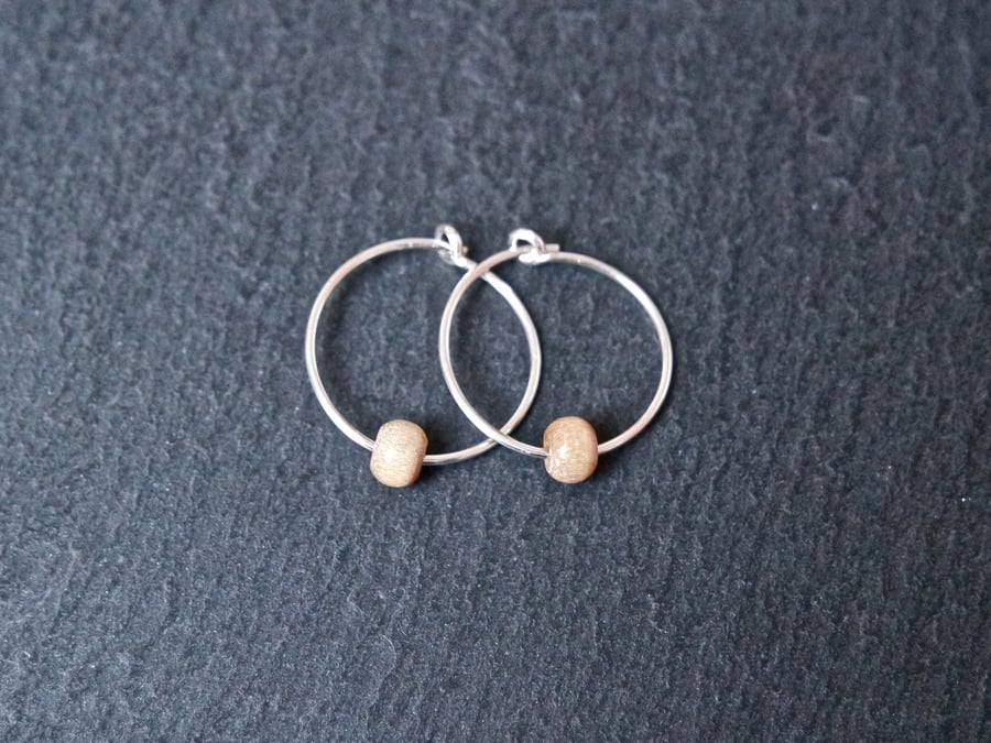 Sterling Silver Hoops - Small Wooden Beads