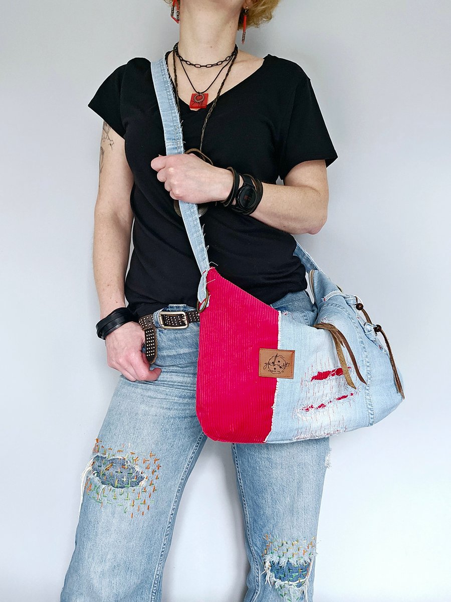 Recycled Jeans and Corduroy Crossbody Slouchy Bag in Light Blue and Red