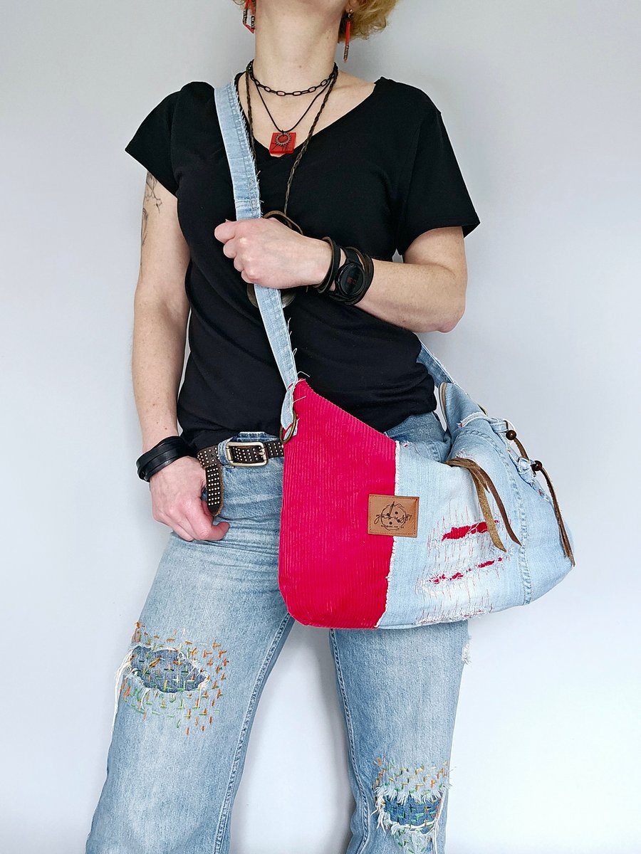 Jeans and Corduroy Crossbody Slouchy Bag in Light Blue and Red