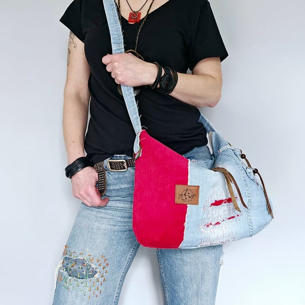 Recycled Jeans and Corduroy Crossbody Slouchy Bag in Light Blue and Red