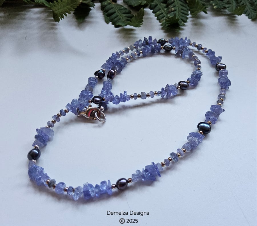 Designer AA Grade Tanzanite & Freshwater Pearl Sterling Silver Necklace