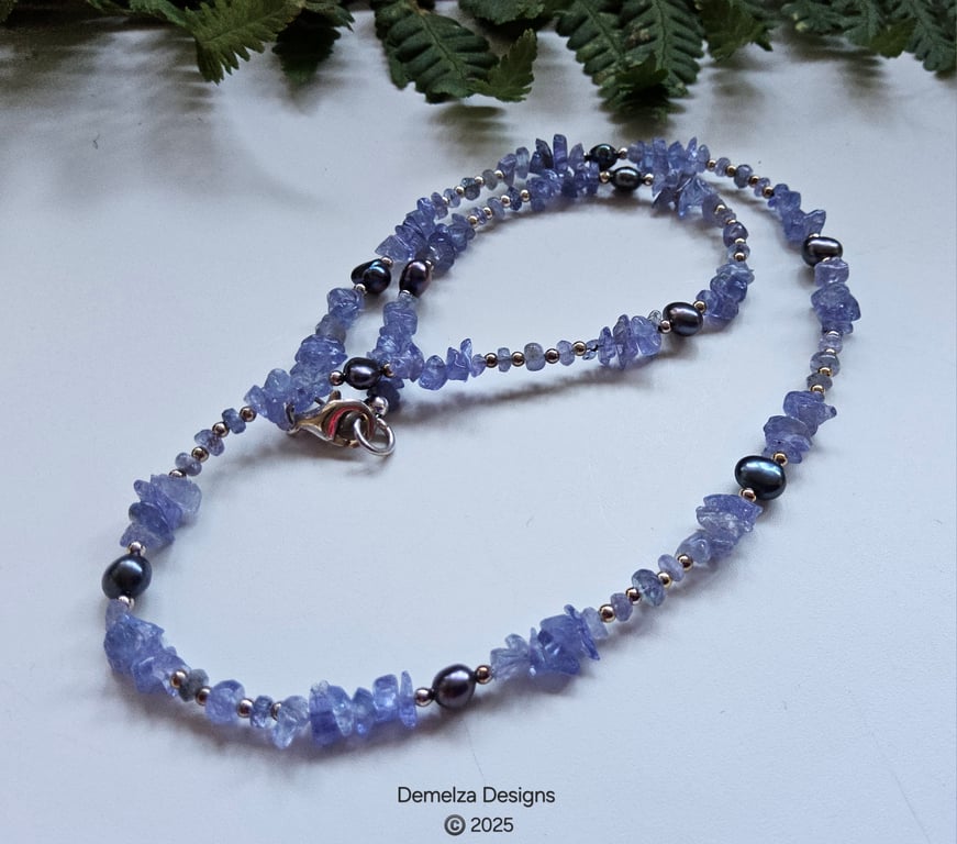 Designer AA Grade Tanzanite & Freshwater Pearl Sterling Silver Necklace