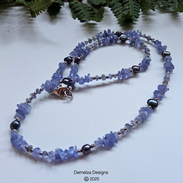 Designer AA Grade Tanzanite & Freshwater Pearl Sterling Silver Necklace