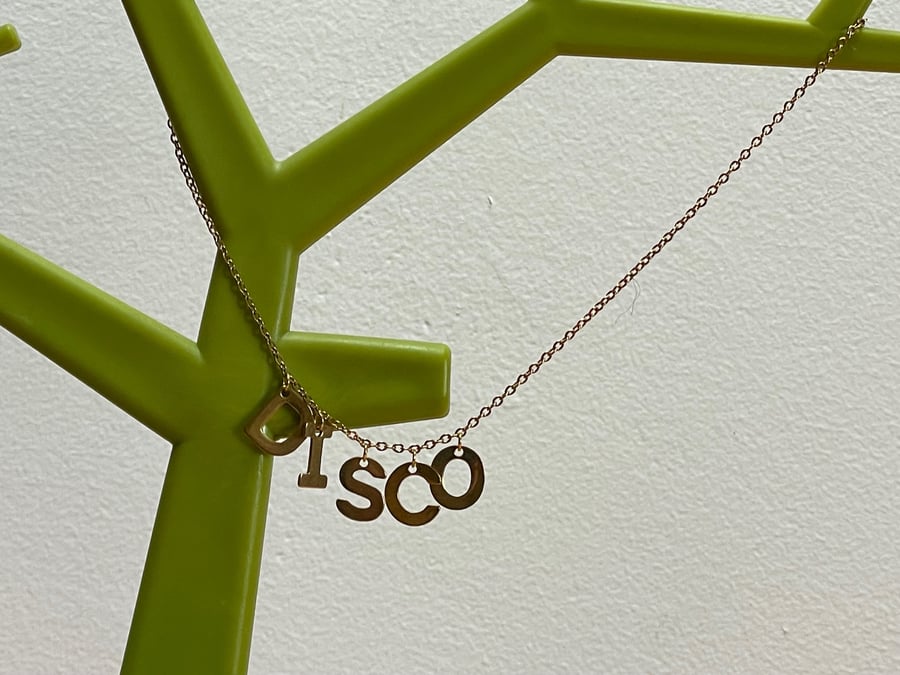 DISCO NECKLACE brass letter 18 inch chain gold tone
