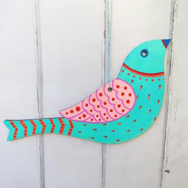 Hand painted wooden bird hanging, green bird wall art, unique wall decor 