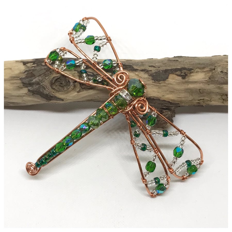 Green Dragonfly Brooch, Copper with Crystals