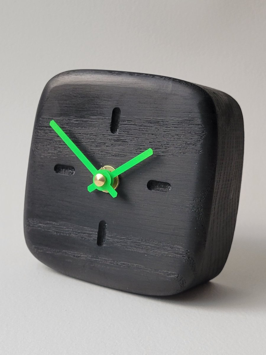 Desk Clock - Ebonised Black Oak & Neon Green Hands Dash Indicators