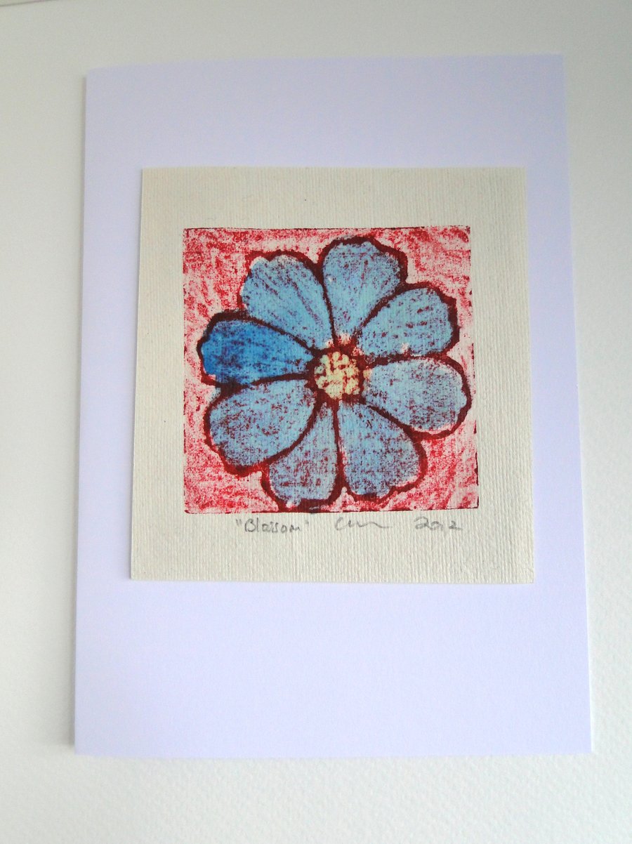 Red Blue Blossom Flower Blank Greeting Card Collagraph Print with Watercolour
