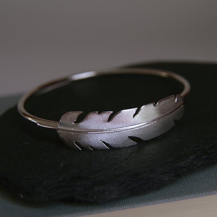 Silver Feather Bangle Bracelet - Bird Feather Jewellery - Angel Feather Gift