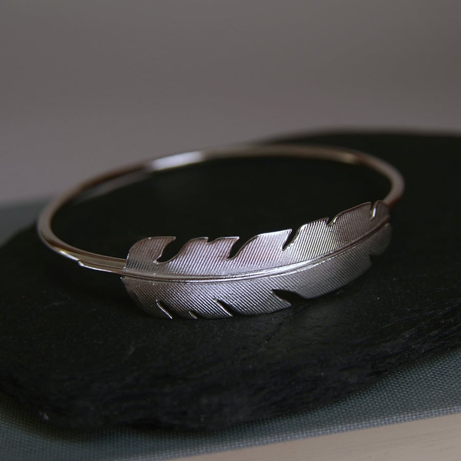 Silver Feather Bangle Bracelet Bird Feather Jewellery Angel Feather Gift - Main Image